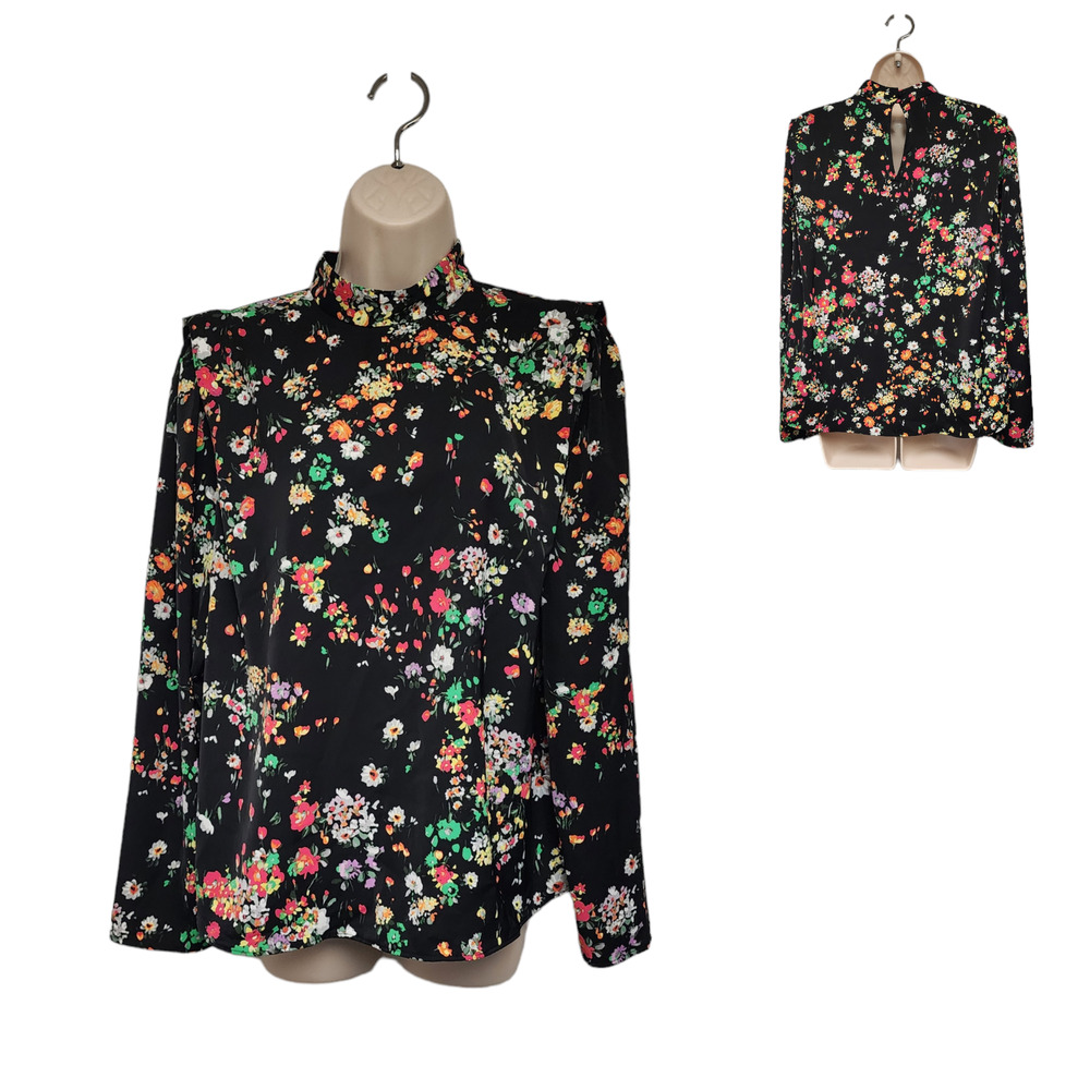 H&M Defined Shoulder Crew-Neck Long Sleeve Multicolor Black Floral Blouse Size L